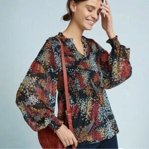 AKEMI+KIN Anthropologie Smocked Long-Sleeve Floral Blouse, XL
